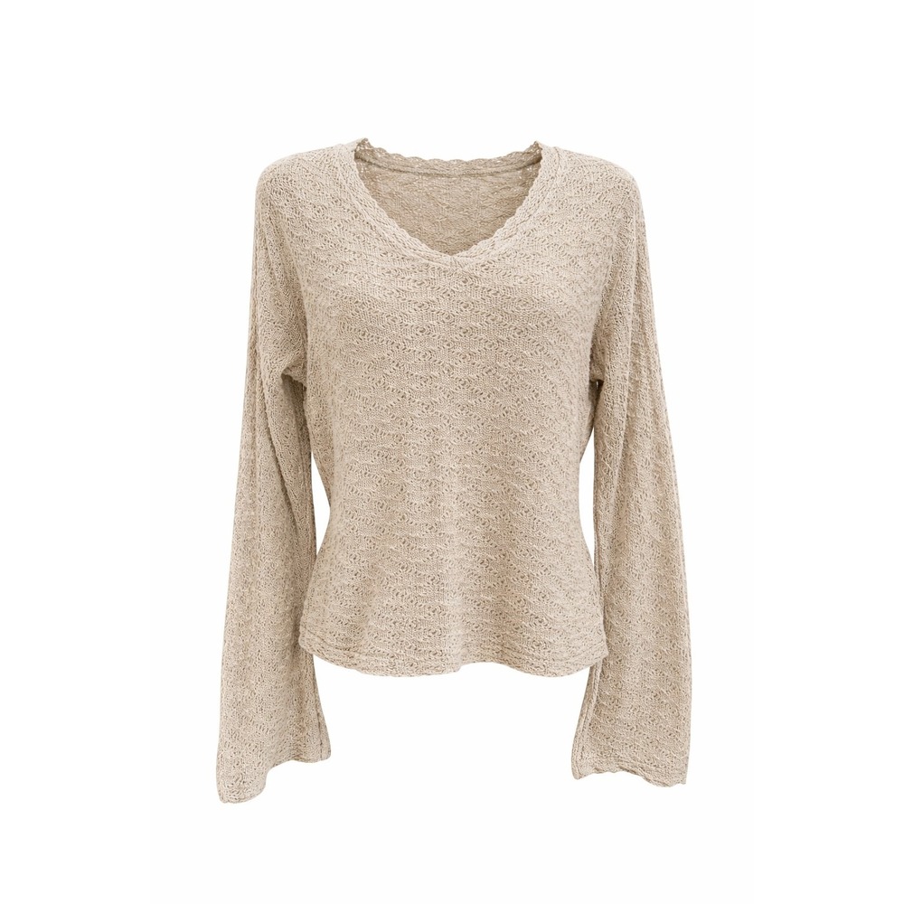 Worthington Beige Knit Blouse Women M Bell Sleeves Textured Long Sleeve Top